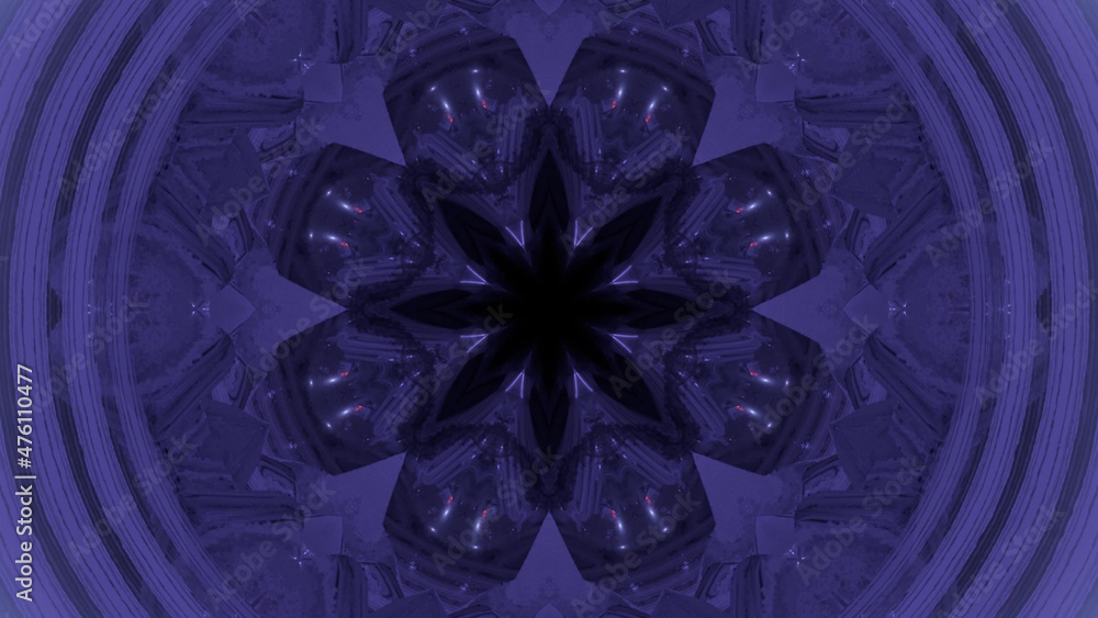 Poster 3d rendering of a purple kaleidoscopic pattern with a black flowerlike shape in the center