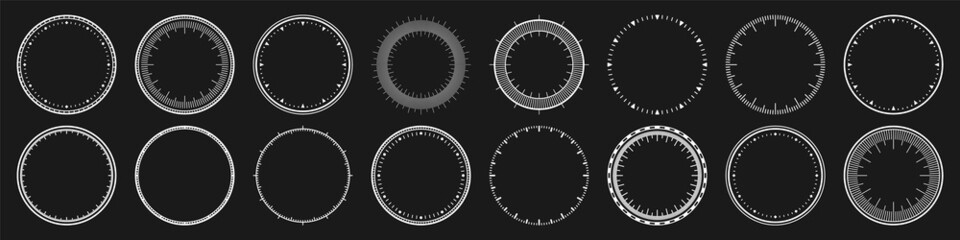 Mechanical clock faces, bezel. White watch dial with minute and hour marks. Timer or stopwatch element. Blank measuring circle scale with divisions. Vector illustration.
