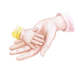 Hands of mother and baby. Motherhood watercolor illustration