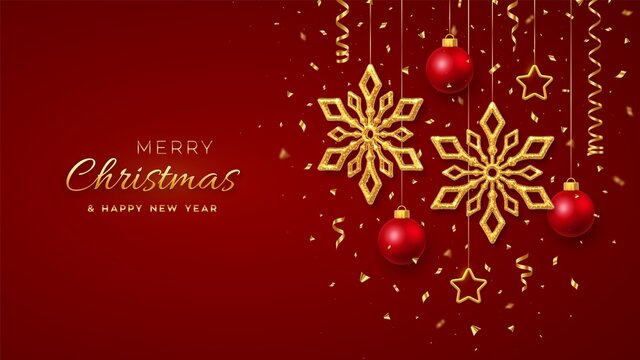 Christmas red background with hanging shining golden snowflakes, 3D metallic stars and balls. Merry christmas greeting card. Holiday Xmas and New Year poster, web banner. Vector Illustration.