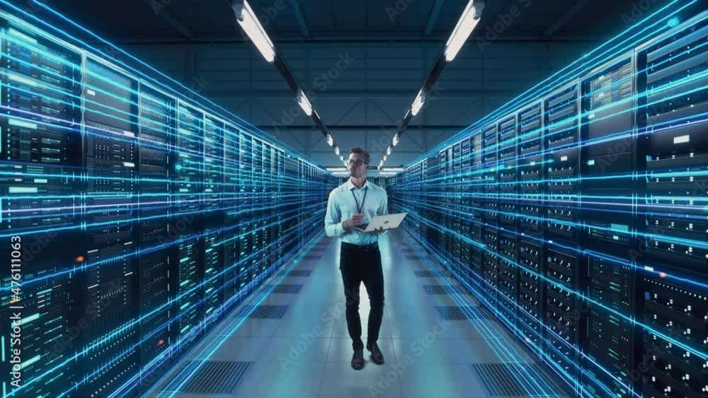 Fototapete Futuristic Animated Concept: Big Data Center Chief Technology Officer Using Laptop Standing In Warehouse, Information Digitalization Lines Streaming Through Servers. SAAS, Cloud Computing, Web Service