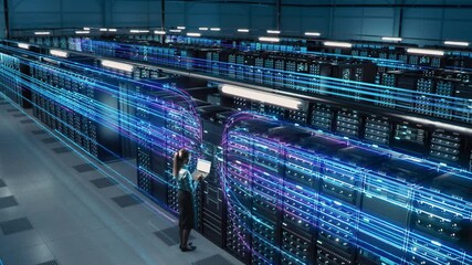 Animated Concept: Big Data Center Female Chief Technology Officer Using Laptop Standing In Warehouse, Activates Servers, Information Digitalization Starts. SAAS, Cloud Computing, Web Service - Powered by Adobe