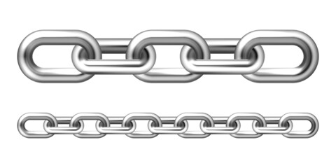 Realistic metal chain with silver links isolated on white background. Vector illustration.