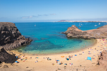 View of the beautiful and famous Parrot Beach (Playa del Papagayo) at Lanzarote - Lanzarote, Canary Islands, Spain