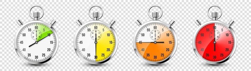 Realistic classic stopwatch icons. Shiny metal chronometer, time counter with dial. Red countdown timer showing minutes and seconds. Time measurement for sport, start and finish. Vector illustration - obrazy, fototapety, plakaty