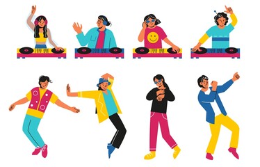 DJ party people. Electronic musicians and rave dancers. Men or women mixing tracks on turntables and dancing. Persons with disco equipment. Vector techno house party characters set
