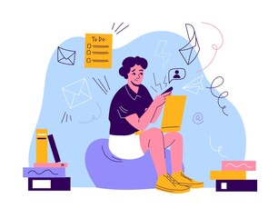 Information noise. Sad person with spam signs around. Worried guy holds gadget. Streams unnecessary data. Social media propaganda news. Man suffers from messager pressure. Vector concept