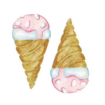 Cute watercolor horns with pink ice cream. Watercolor illustration of sweets with sprinkles and icing for a nursery in a cartoon style on a white background for textiles and paper