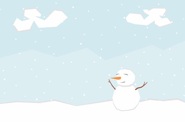 An illustration of a snowman in the snowy mountain with some copy space area