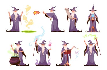 Fototapeta na wymiar Magic character. Cartoon wizard performs various magical actions. Sorcerer in hat and robe. Fabulous old man with long white beard brews potion or casts spells. Vector magicians set