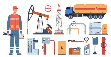 Oil and gas industry. Petroleum extraction equipment. Worker in uniform. Gasoline production technology. Fuel transportation. Tanks or pump. Petrol station. Vector industrial tools set - obrazy, fototapety, plakaty