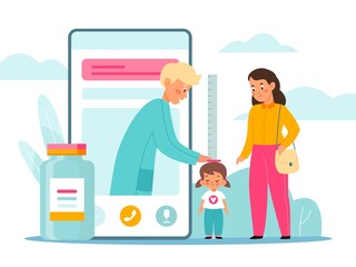 Pediatric online consultation. Children scheduled medical examination. Remote preliminary diagnostics. Smartphone and pill bottle. Mom with daughter at doctors appointment. Vector concept