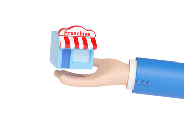 Cartoon hand holding a store. Franchise concept. 3d illustration.