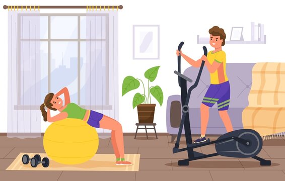 Couple sports at home. Fitness workout in room. Partners doing exercises together. Family training. Elliptical trainer and fit ball. Happy man and woman in sportswear. Vector concept