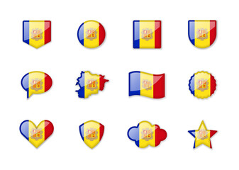 Andorra - set of shiny flags of different shapes.