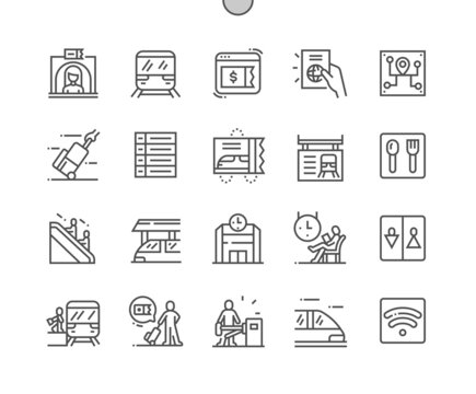 Train station. Online ticket and baggage. Passageway. Tourism, trip, transportation, railway. Pixel Perfect Vector Thin Line Icons. Simple Minimal Pictogram