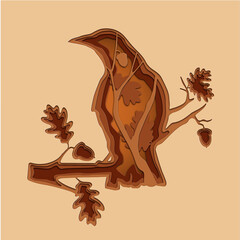 A raven sitting on a branch of an oak tree with acorns. Volumetric image made of paper. Paper cutting. - 476116247