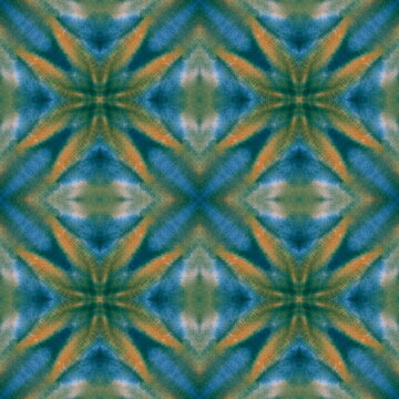 Fototapeta Hand painted seamless pattern. An ornament with an optical illusion in oriental style. Orange, blue, emerald green. Ikat for textile design and wallpaper. Kaleidoscope, textured mosaic.