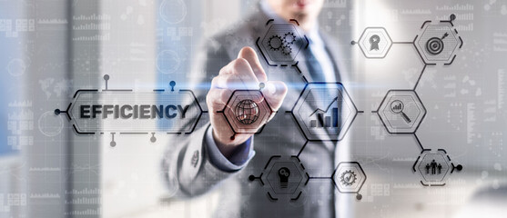 Efficiency. Businessman presses the inscription on the virtual screen