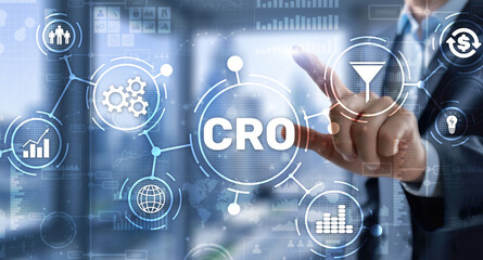 Conversion Rate Optimization. CRO Technology Finance concept Businessman pressing on a virtual screen