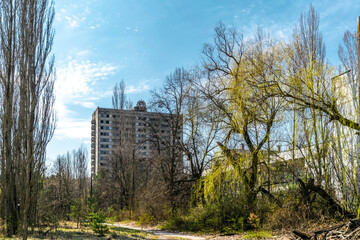 Street of the abandoned ghost town Pripyat. Chernobyl nuclear disaster