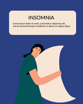 Insomnia concept. The girl hugs the crescent moon and cannot sleep at night. Medical flyer, template, banner. Vector illustration in flat style