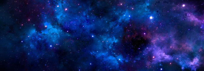 Cosmic background of a blue nebula with a cluster of bright stars