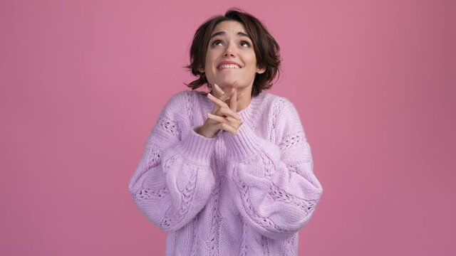 Excited lady cross hands together want wait isolated pastel color background