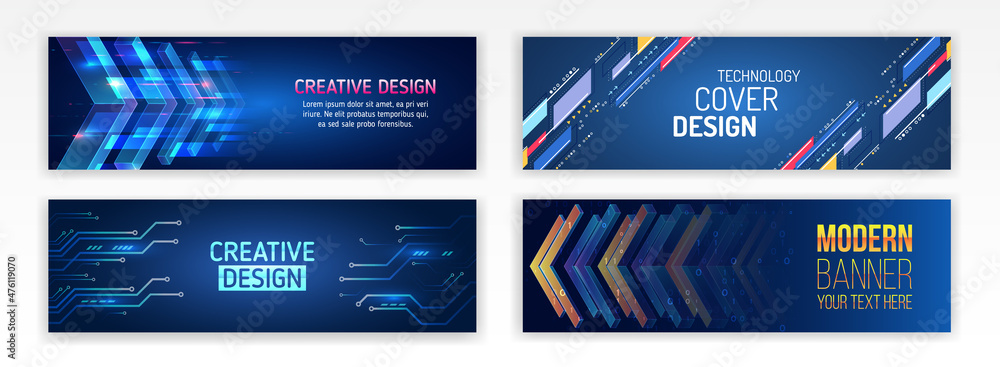 Poster Set of modern banner templates for websites. Abstract social media cover design. Horizontal header web background. High tech design with technological elements. Science and digital technology concept