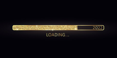 2022 New Year gold progress bar. Golden loading bar with glitter particles on black background for Christmas greeting card. Design template for holiday party invitation. Concept of festive banner