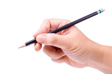 Closeup male right hand with pencil isolated on white background