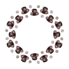 Wreath of brown coffee cups and saucers with purple polka dot, isolated on white. Watercolour illustration. For cards, invitations, labels, packaging design, recipe and menu.