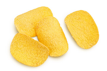 Potato chips isolated on white background with clipping path and full depth of field. Top view. Flat lay.