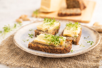 Grain bread sandwiches with cheese and watercress microgreen on gray concrete, side view, selective focus.