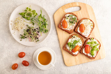 Red beet bread sandwiches with cream cheese, tomatoes and microgreen on gray. top view.