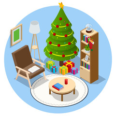 Isometric interior Christmas. Glowing Christmas tree and gifts. Happy family by fireplace on Christmas Eve.