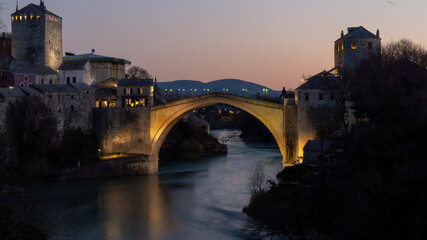 night view of the Stari Most in Mostar, Bosnia and Herzegovina