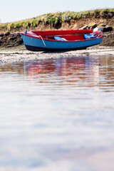 Naklejka premium Small blue color fishing boat with red painted interior on a sandy beach at low tide. Food supply chain industry.