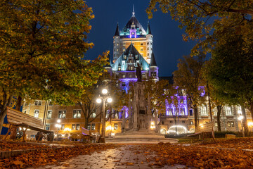 Night view of the Quebec City Old Town in autumn. Place d'Armes, landscaped plaza with a fountain. © Shawn.ccf