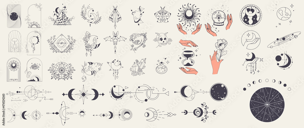 Fototapete mystic vector items. doodle astrology style. doodle esoteric, boho mystical hand drawn elements. a s