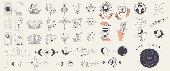 Mystic vector items. Doodle astrology style. Doodle esoteric, boho mystical hand drawn elements. A set of vector images of esoteric symbols, alchemy and witchcraft isolated on a white background.