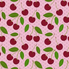 Seamless cherry pattern on pink background. 