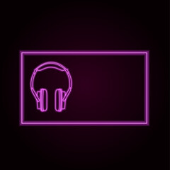 Fototapeta na wymiar Headset for listening to music with neon effect in purple on a dark background in a neon frame. Vector illustration of neon objects in outline style.