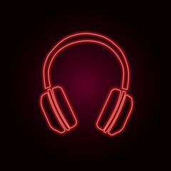 Vector illustration of neon objects in outline style. Headset for listening to music with a neon effect of red on a dark background.
