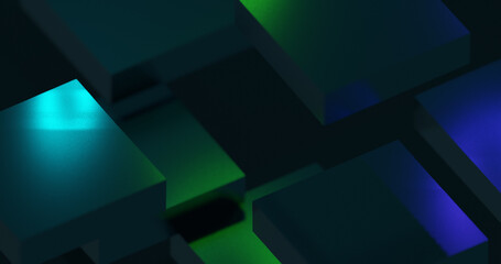 Render with metal rectangles in blue, green and violet light, soft focus