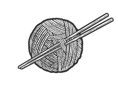 yarn ball and needles for knitting sketch engraving vector illustration. T-shirt apparel print design. Scratch board imitation. Black and white hand drawn image.