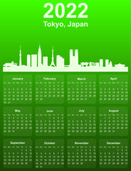 Green stylish 2022 year calendar with cityscape panorama of the city of Tokyo, Japan