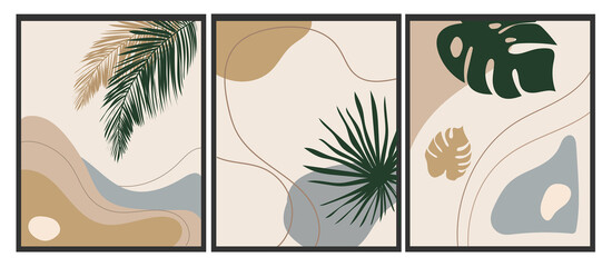 Fototapeta na wymiar Trendy set of minimalistic abstract illustrations with palm leaves and abstract shapes. Minimal botanical wall art .Plant art design for social media, print, cover, wallpaper. Vector illustration