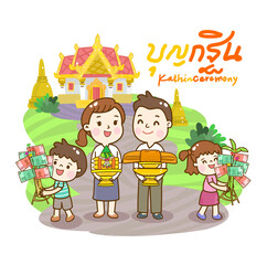 Cartoon family Offering to Buddhist Vector.