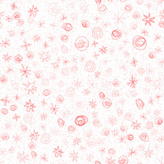 Hand Drawn Snowflakes Christmas Seamless Pattern. Subtle Flying Snow Flakes on chalk snowflakes Background. Astonishing chalk handdrawn snow overlay. Enchanting holiday season decoration.